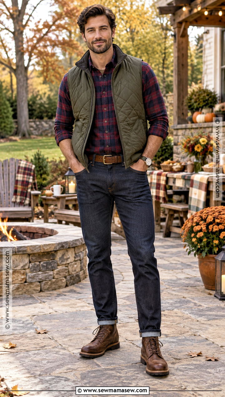 Thanksgiving Quilted Vest Outfit With Flannel - 15 Thanksgiving Outfit Men Fall Ideas