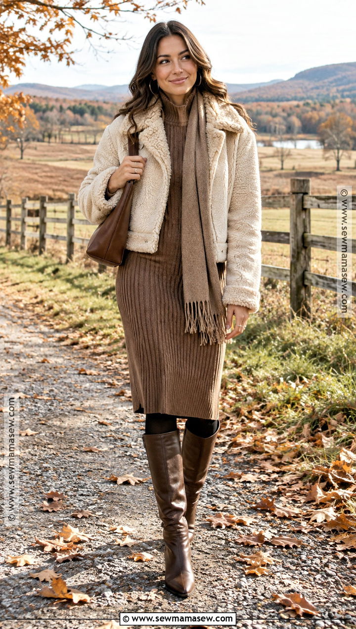 Thanksgiving Ribbed Dress And Shearling Jacket Outfit - 20 Thanksgiving Outfit Cold Ideas