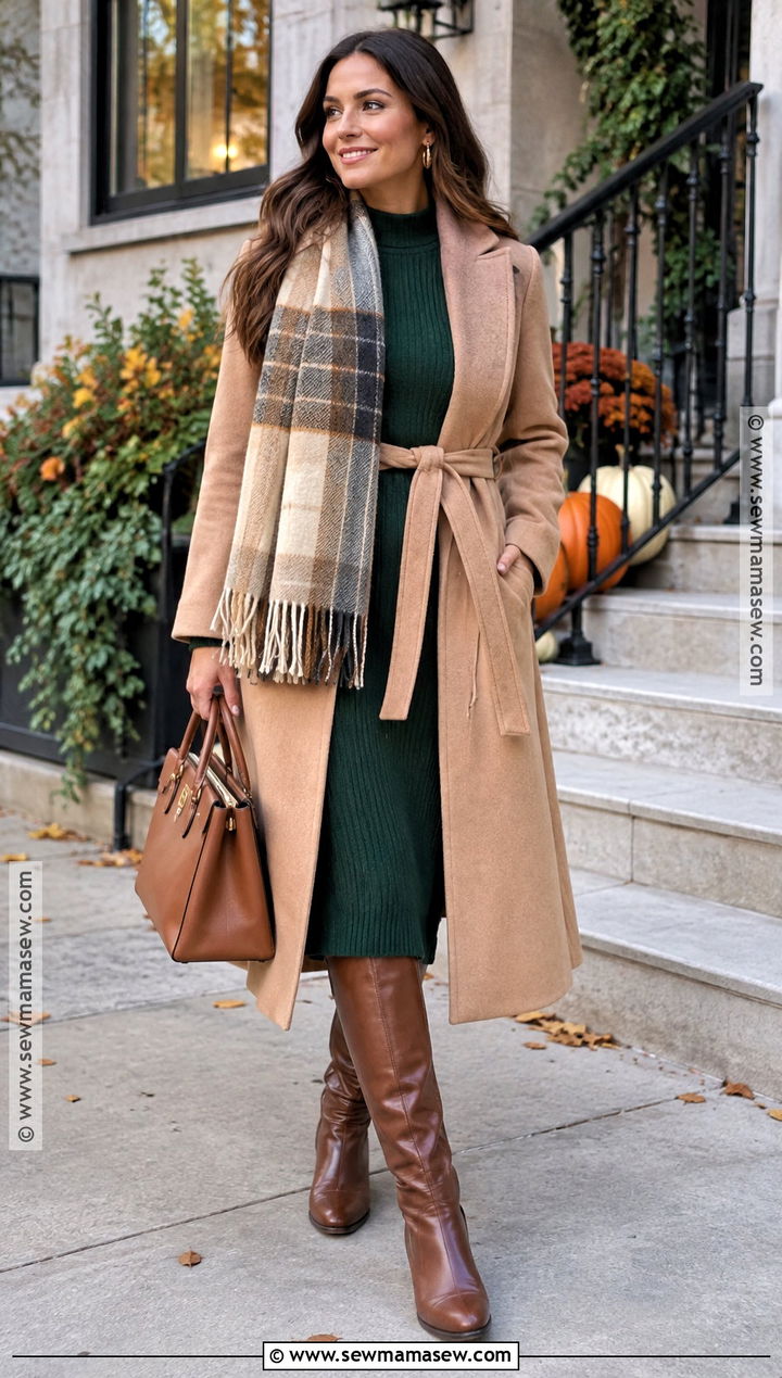 Thanksgiving Ribbed Dress With A Belted Coat - 25 thanksgiving outfit dress ideas
