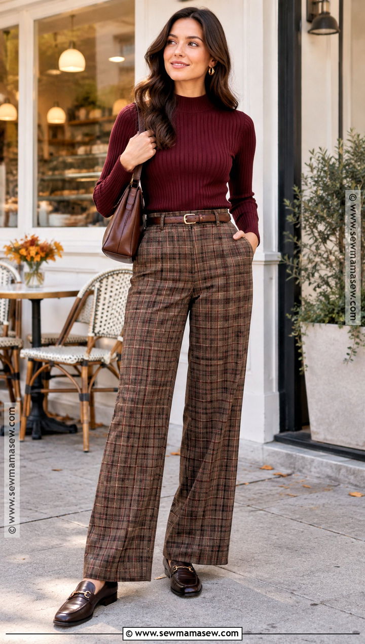 Thanksgiving Ribbed Top And Plaid Pants Outfit - 20 Outfit For Thanksgiving Ideas