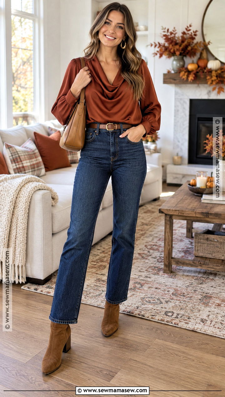 Thanksgiving Rust Blouse And Dark Jeans Outfit - 25 Thanksgiving Outfit Aesthetic Ideas