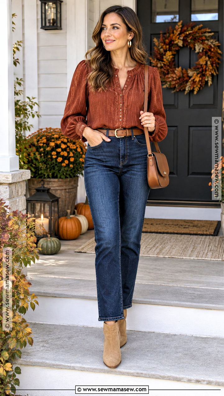 Thanksgiving Rust Blouse And Dark Jeans Outfit - 20 cute thanksgiving outfits for women