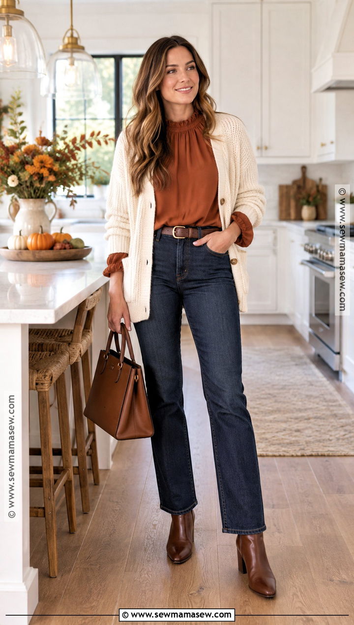 Thanksgiving Rust Blouse With Dark Jeans - 20 Cute Outfits For Thanksgiving