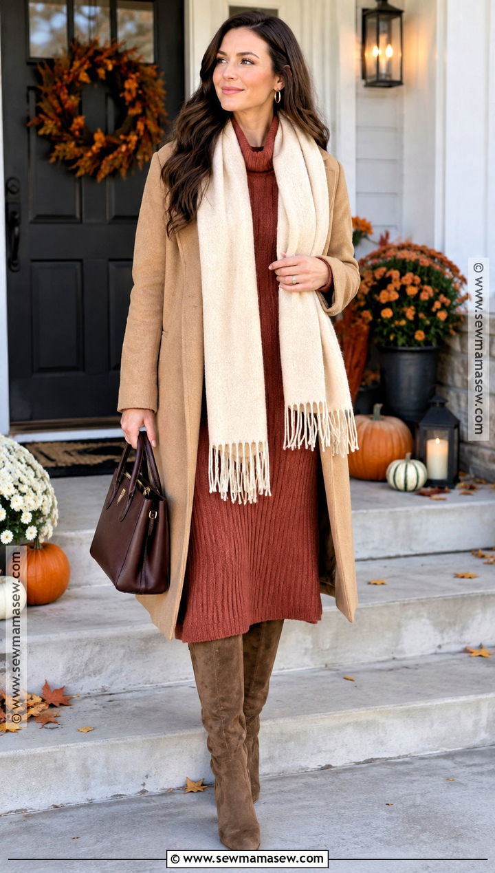 Thanksgiving Rust Dress With Suede Boots - 25 thanksgiving outfit dress ideas
