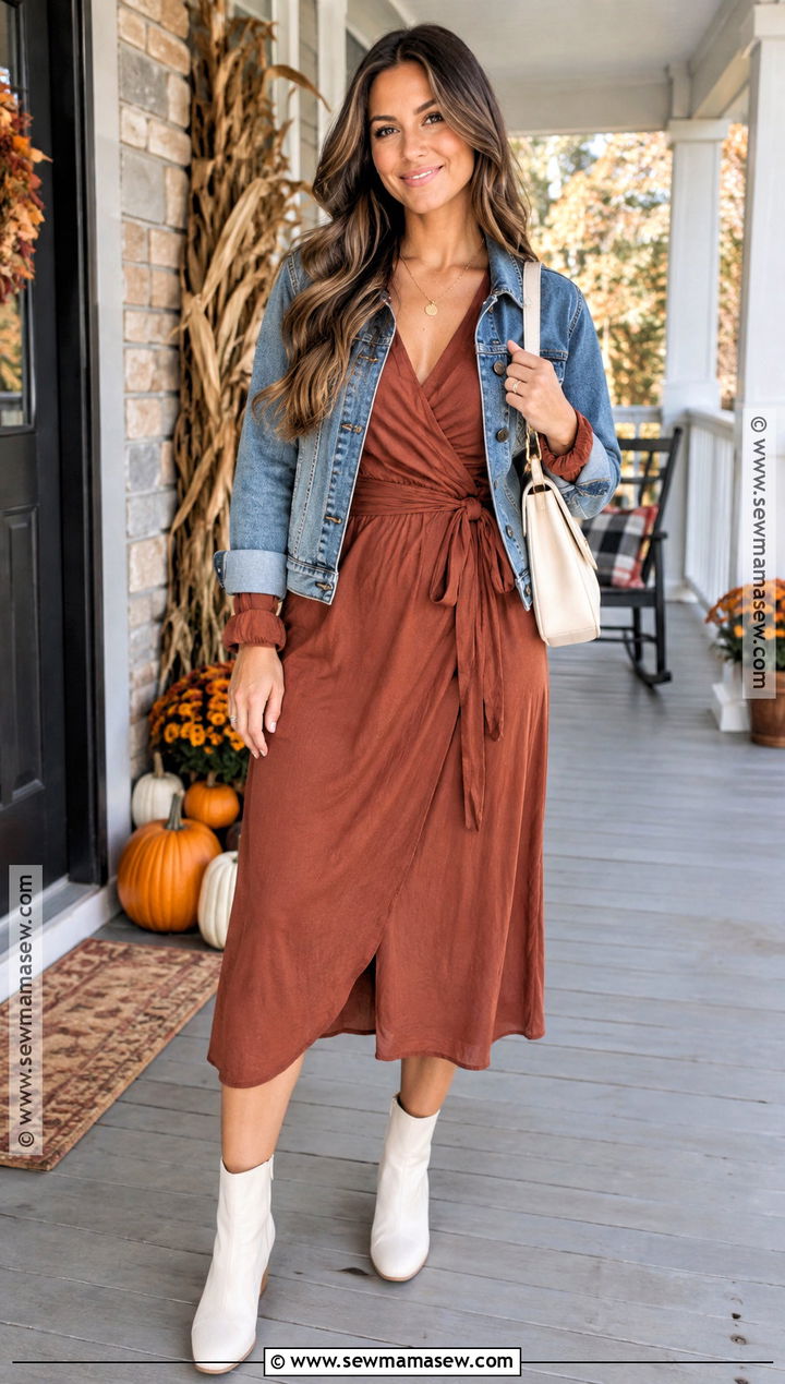 Thanksgiving Rust Midi Dress With White Ankle Boots - 15 thanksgiving outfit with white boots