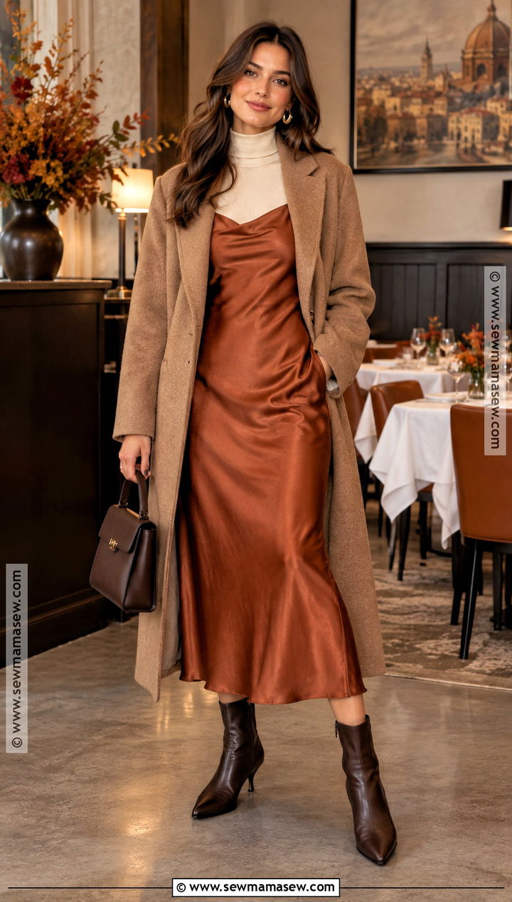 Thanksgiving Rust Satin Dress Outfit - 25 thanksgiving dress ideas