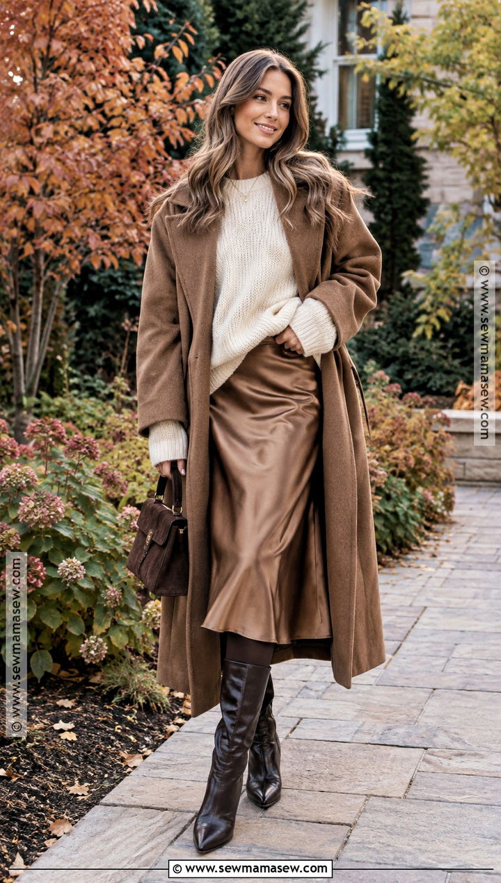 Thanksgiving Satin Skirt And Oversized Sweater Outfit - 20 Thanksgiving Outfit Cold Ideas