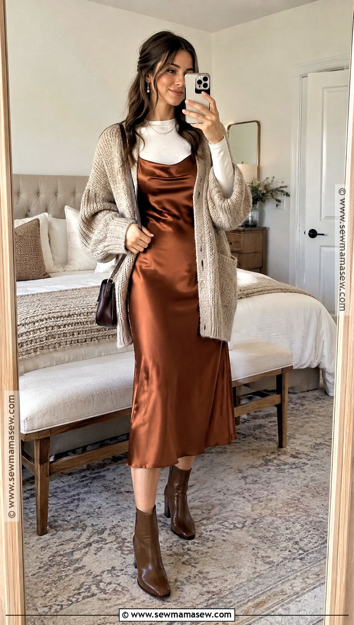 Thanksgiving Satin Slip Dress With Cardigan And Boots - 15 dress thanksgiving outfit ideas