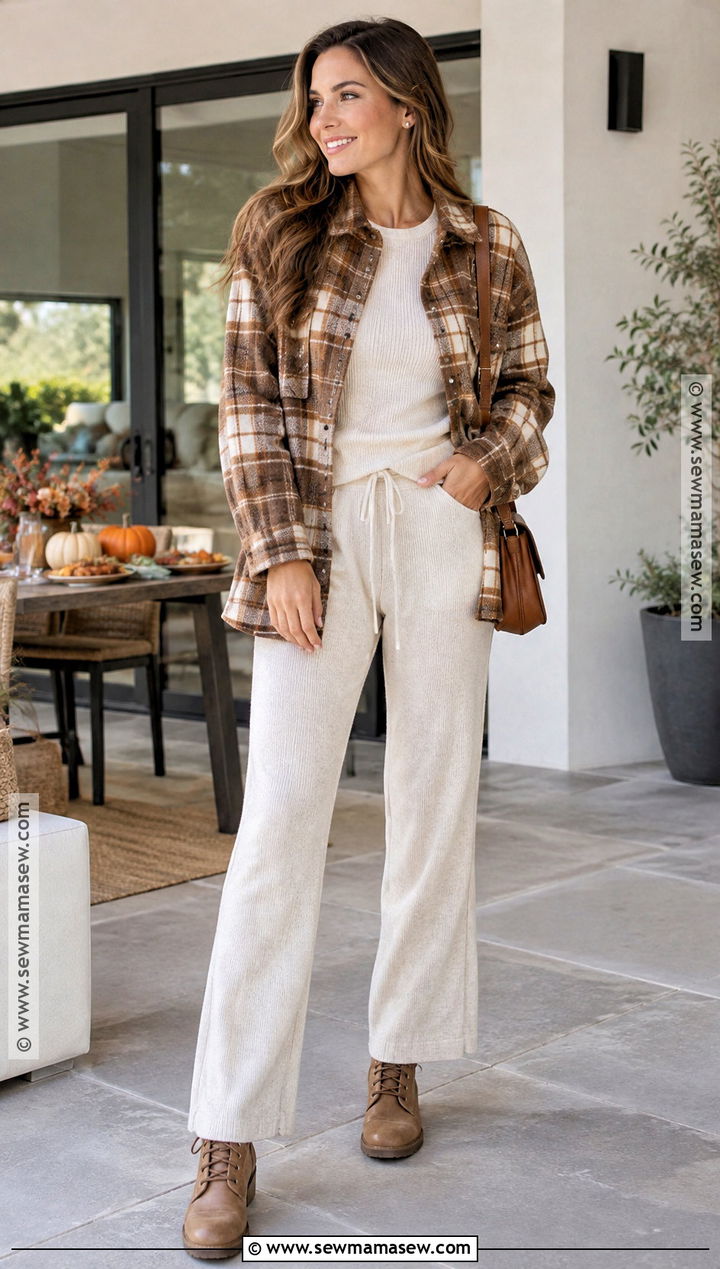 Thanksgiving Shacket And Knit Pants Outfit - 20 Comfy Thanksgiving Outfits