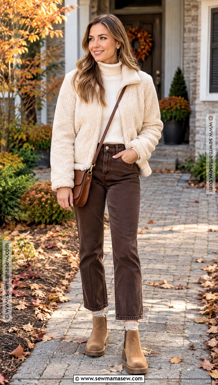 Thanksgiving Sherpa Jacket And Brown Jeans Outfit - 25 cozy thanksgiving outfit ideas