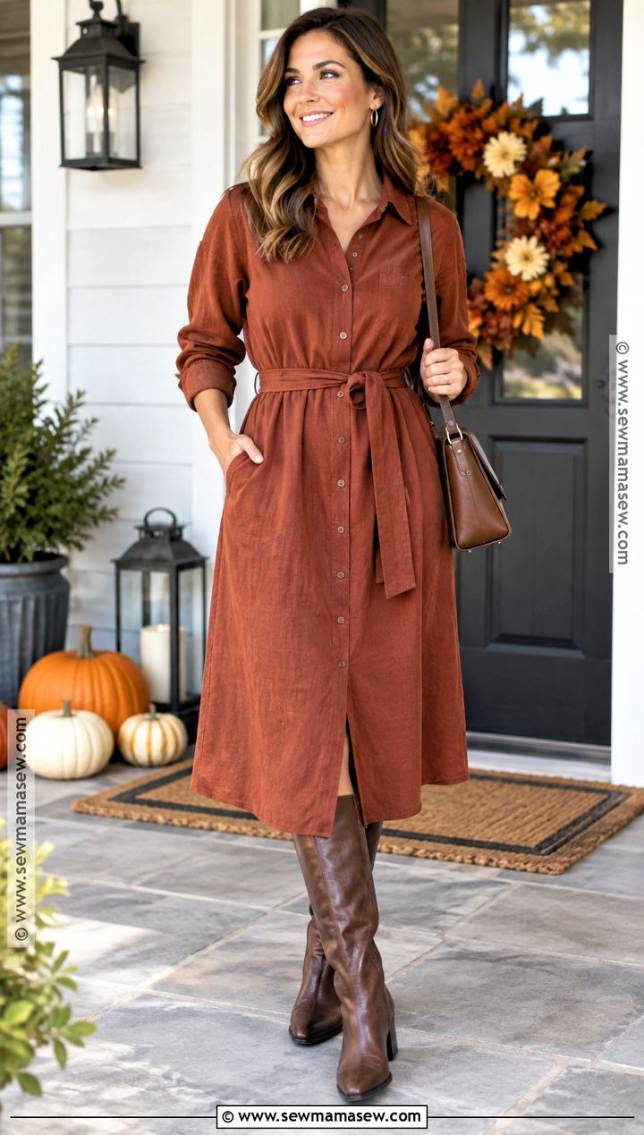 Thanksgiving Shirt Dress With Tall Boots - 25 Comfortable Thanksgiving Outfit Ideas