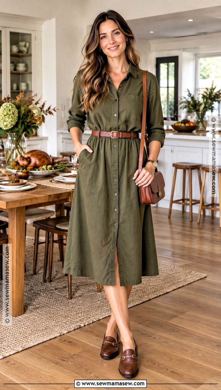 Thanksgiving Shirt Dress and Flats Outfit - 30 thanksgiving outfits for women