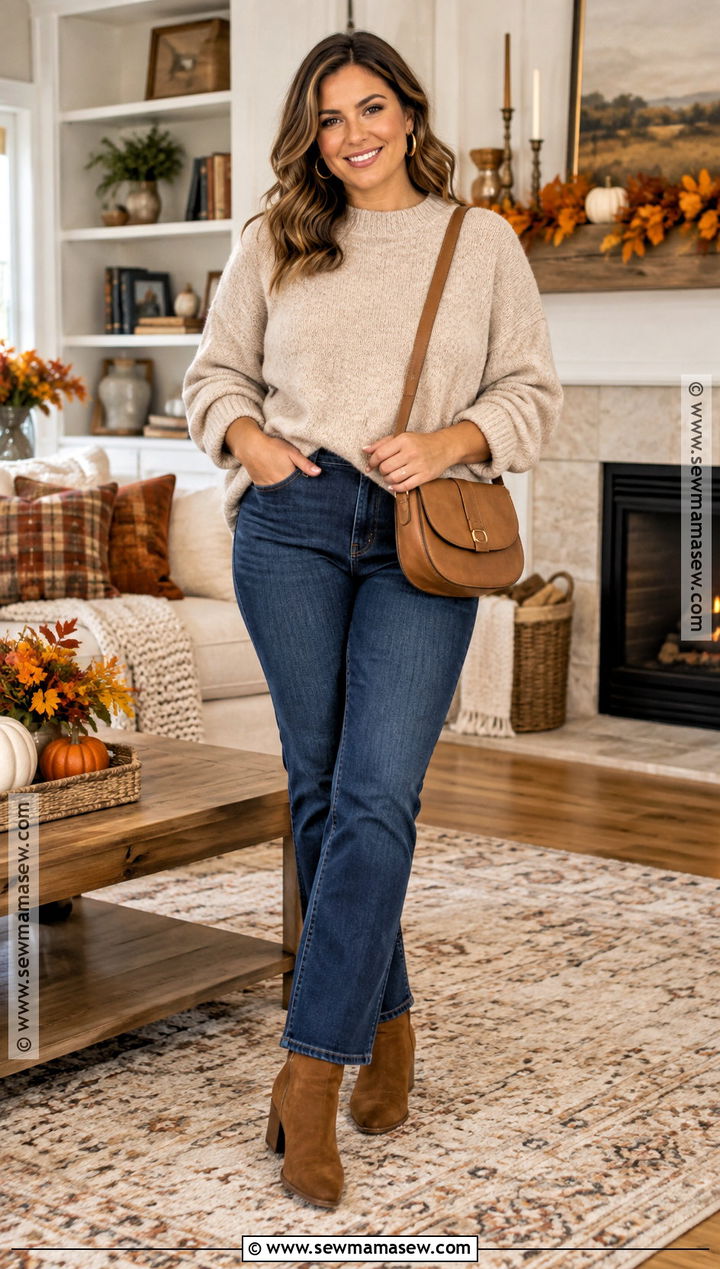 Thanksgiving Sweater And Straight Leg Jeans Outfit - 20 Thanksgiving Outfit Casual Comfy Ideas