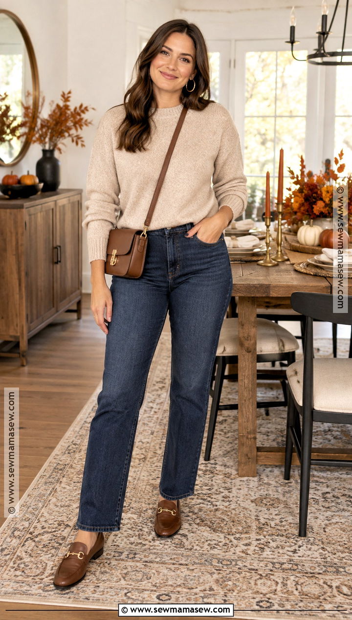 Thanksgiving Sweater And Straight Leg Jeans Outfit - 25 Simple Thanksgiving Outfits