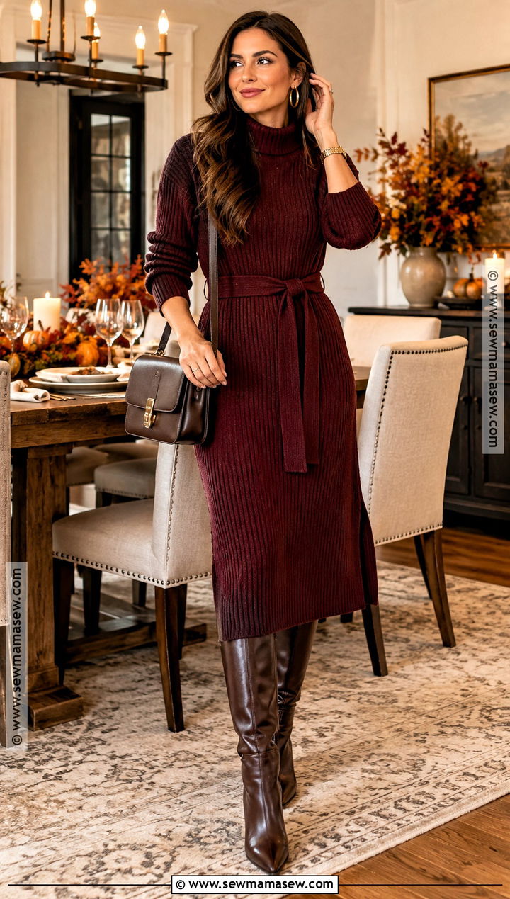 Thanksgiving Sweater Dress With Knee High Boots - 20 thanksgiving party outfits