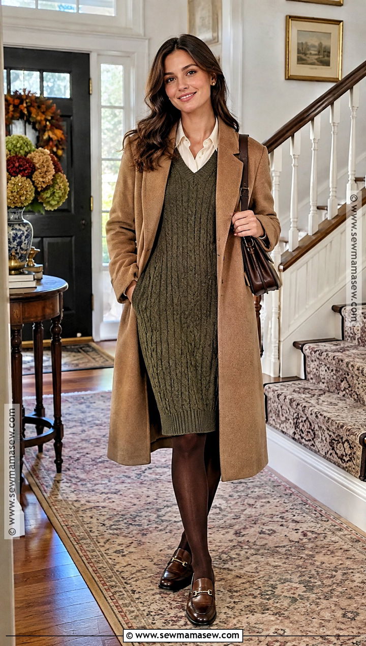 Thanksgiving Sweater Vest Dress With Loafers - 15 outfit inspo for thanksgiving ideas