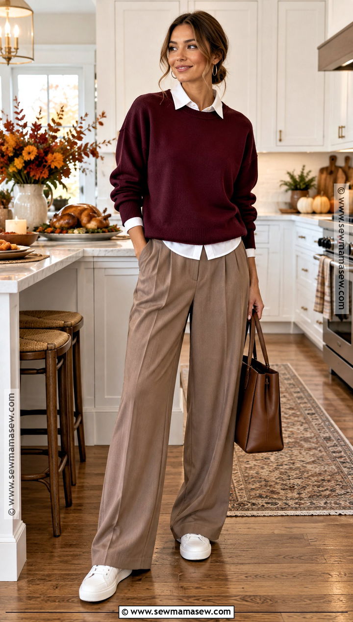 Thanksgiving Sweatshirt And Pleated Pants Outfit - 15 cute and comfy thanksgiving outfits