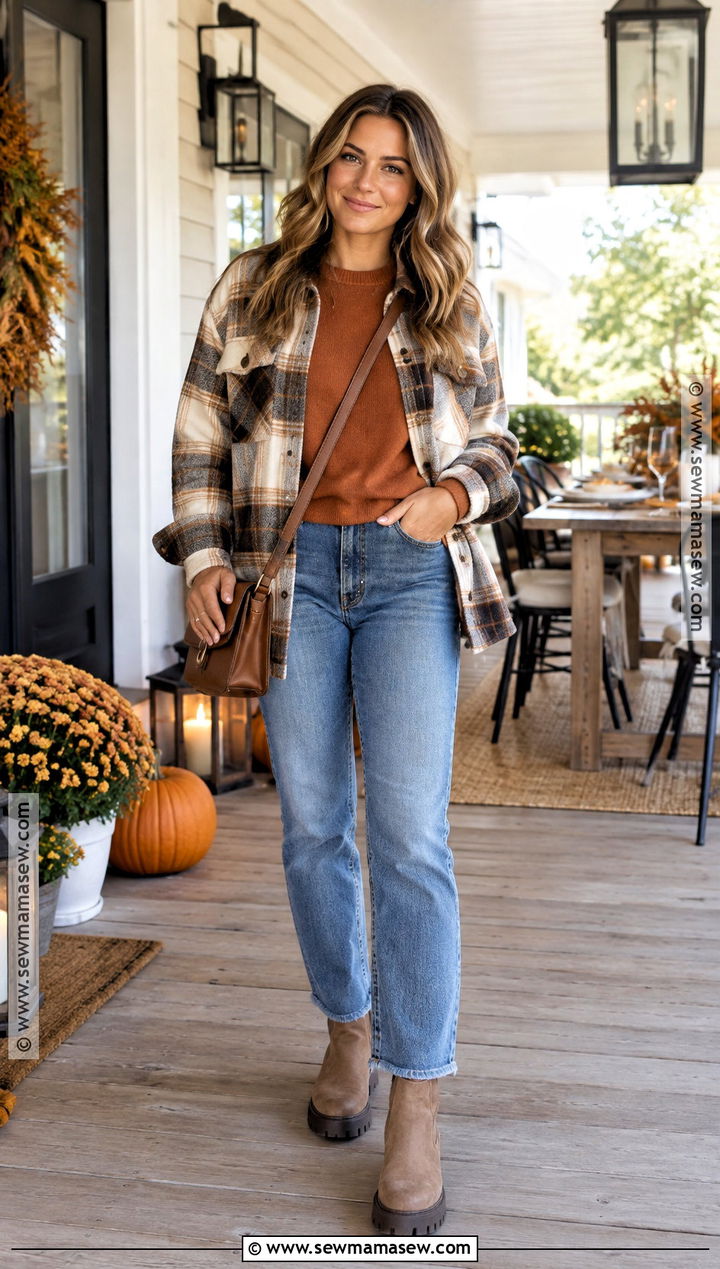 Thanksgiving Sweatshirt With A Plaid Shacket And Jeans - 20 Thanksgiving Sweatshirt Ideas