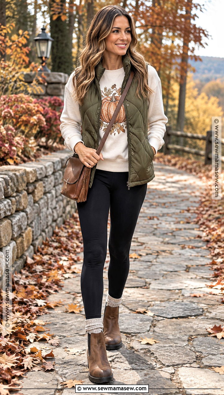 Thanksgiving Sweatshirt With A Quilted Vest And Leggings - 20 Thanksgiving Sweatshirt Ideas
