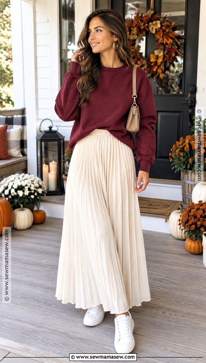Thanksgiving Sweatshirt With Maxi Skirt And Sneakers - 20 Cute Outfits For Thanksgiving