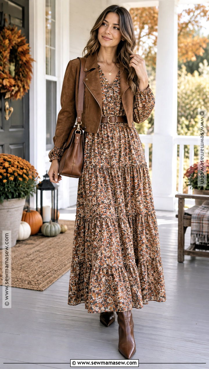 Thanksgiving Tiered Maxi Dress With Ankle Boots - 15 dress thanksgiving outfit ideas