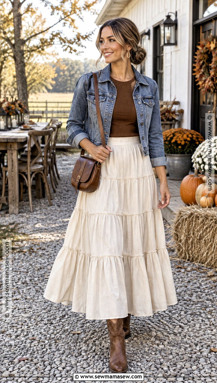 Thanksgiving Tiered Skirt And Denim Jacket Outfit - 25 thanksgiving outfit skirt ideas