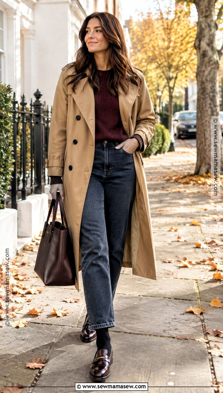 Thanksgiving Trench Coat And Loafers Outfit - 25 Simple Thanksgiving Outfits