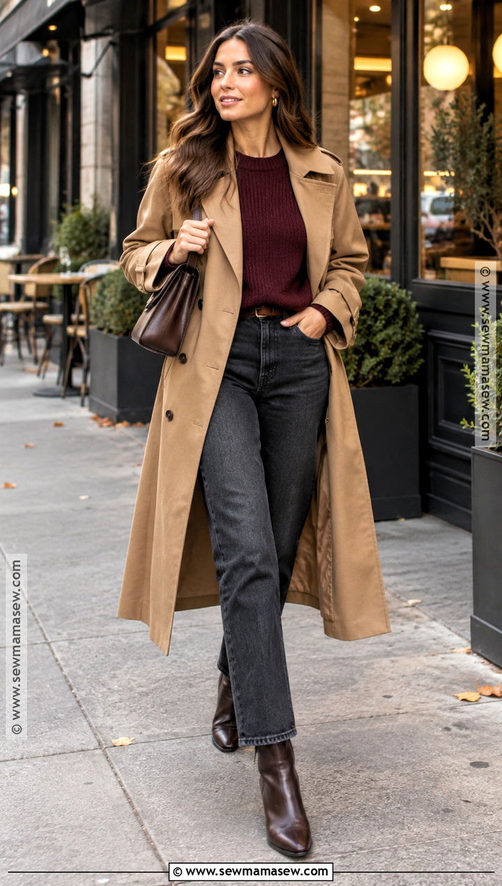 Thanksgiving Trench Coat Sweater And Jeans Outfit - 30 thanksgiving outfit ideas