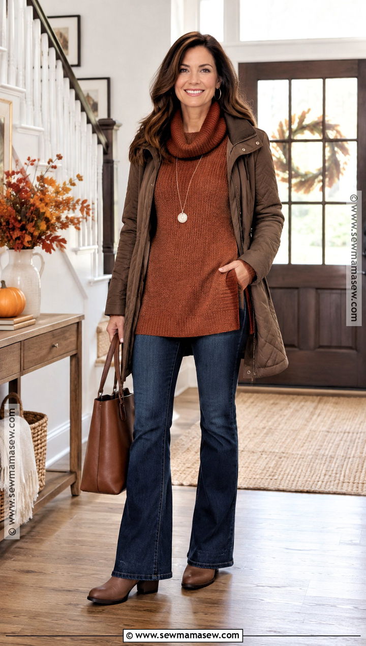 Thanksgiving Tunic Sweater And Bootcut Jeans Outfit - 20 warm thanksgiving outfit ideas