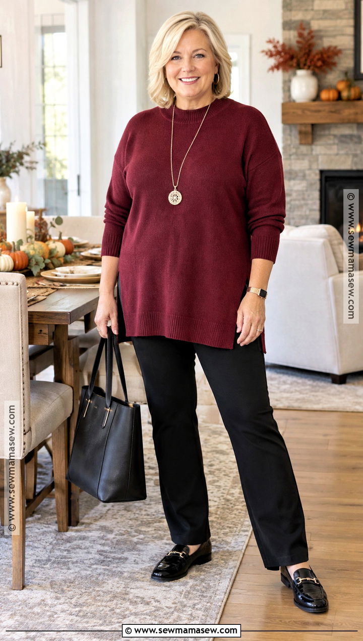 Thanksgiving Tunic Sweater And Ponte Pants Outfit - 20 Thanksgiving Outfit Casual Comfy Ideas