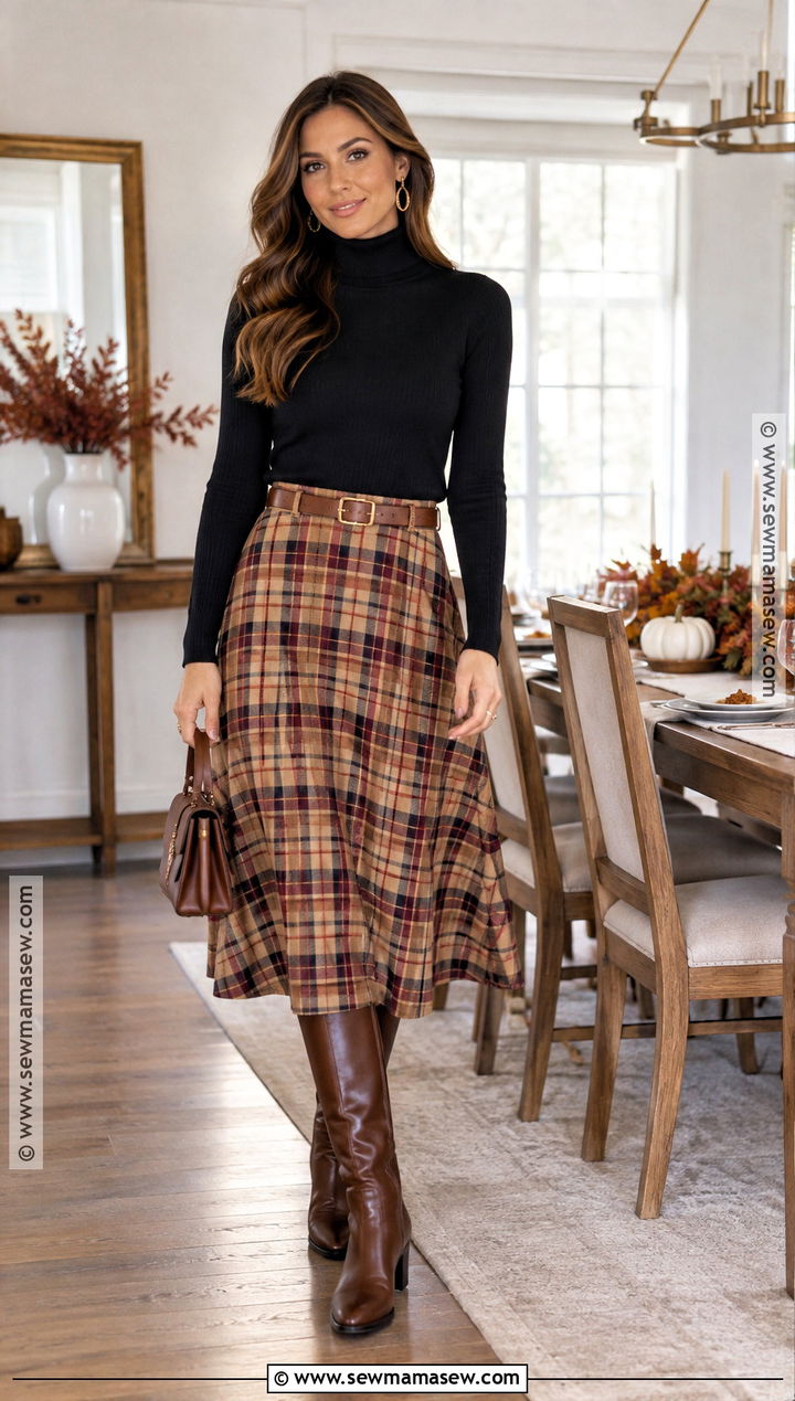 Thanksgiving Turtleneck And Plaid Midi Skirt Outfit - 20 thanksgiving outfit ideas for women