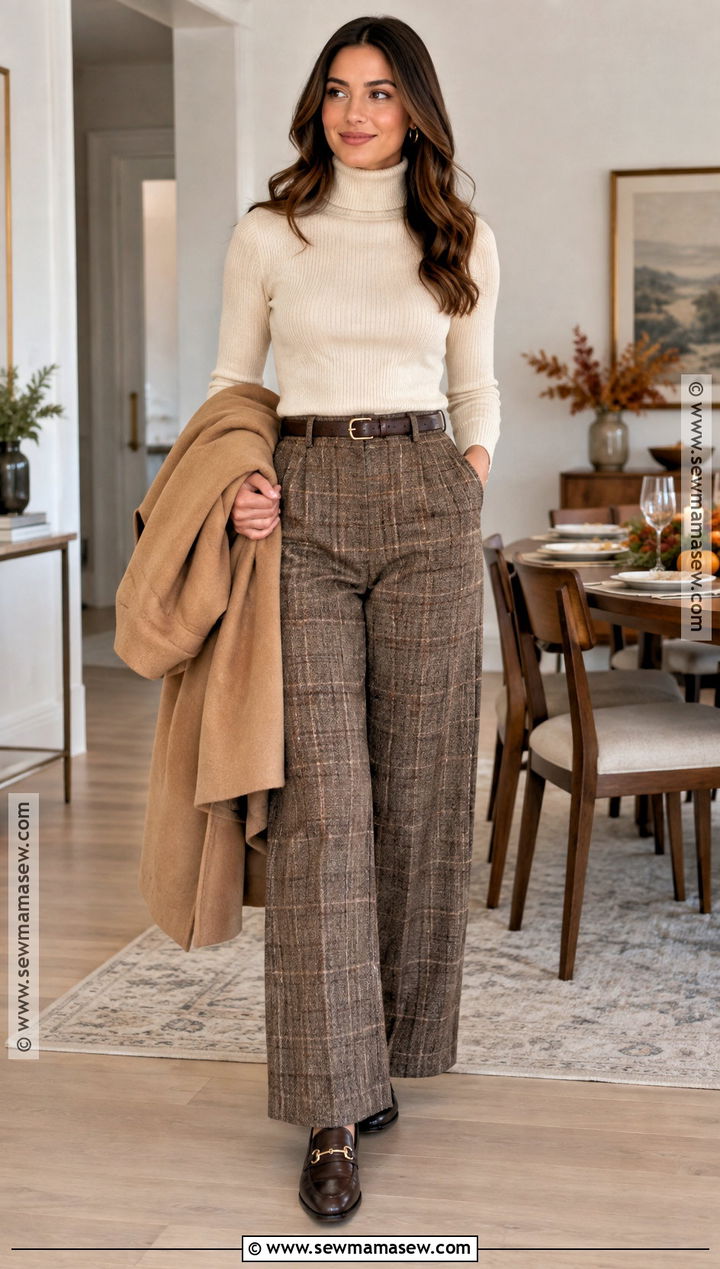 Thanksgiving Turtleneck and Plaid Trousers Outfit - 20 Thanksgiving Outfit Simple Ideas