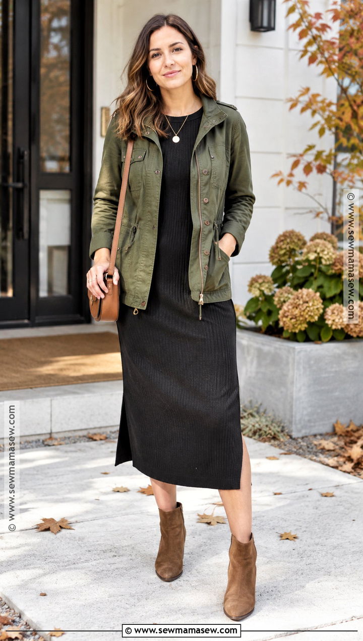 Thanksgiving Utility Jacket And Black Dress Outfit - 25 Trendy Thanksgiving Outfits