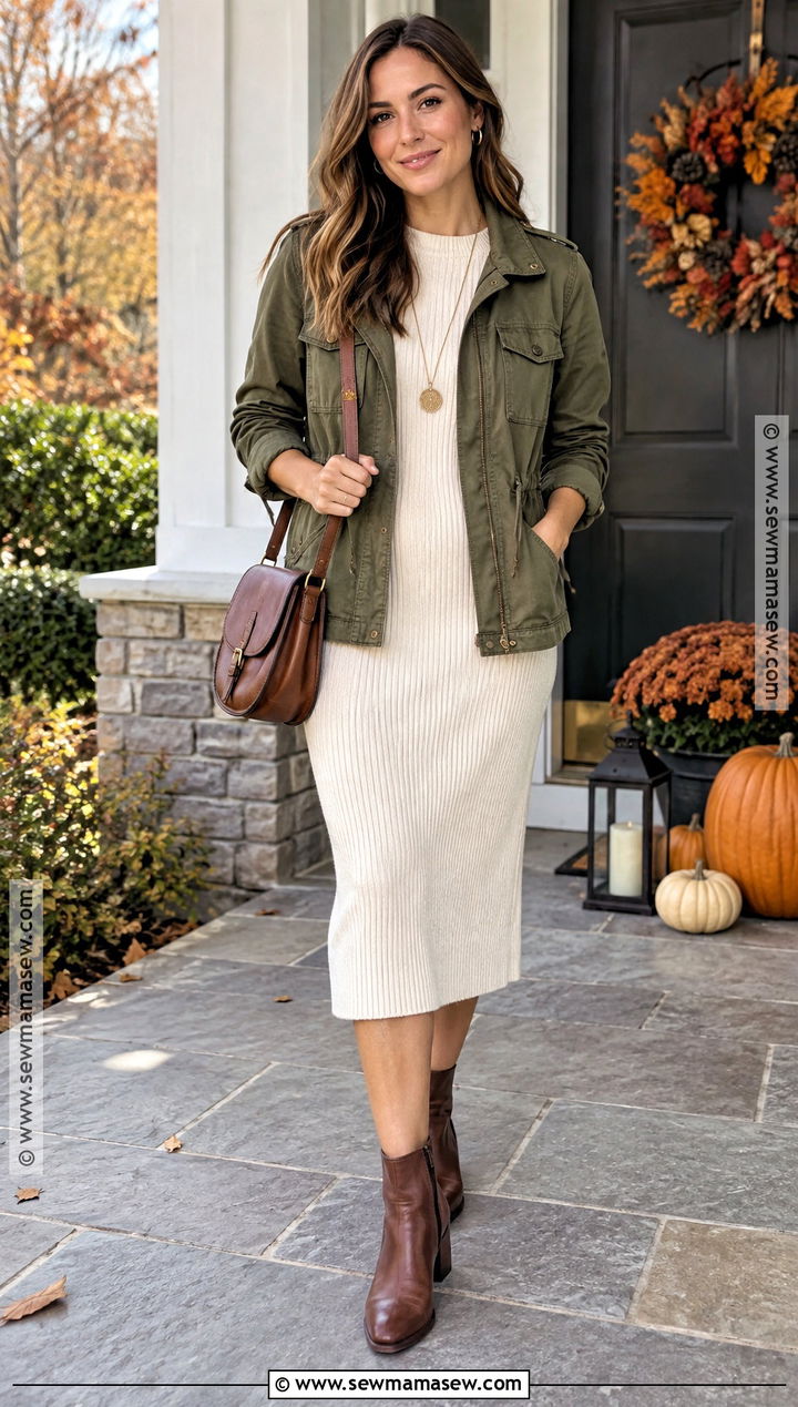 Thanksgiving Utility Jacket And Ribbed Midi Dress Outfit - 30 thanksgiving outfit ideas