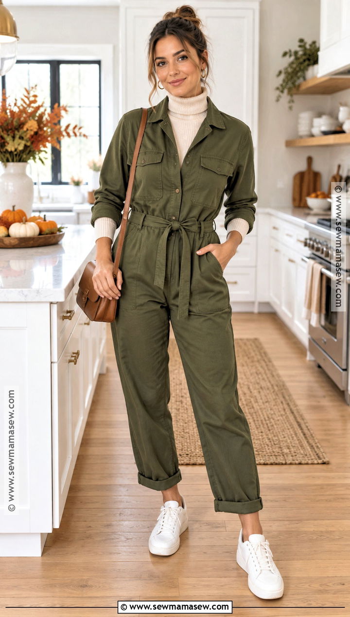 Thanksgiving Utility Jumpsuit and Sneakers Outfit - 20 thanksgiving attire ideas for women