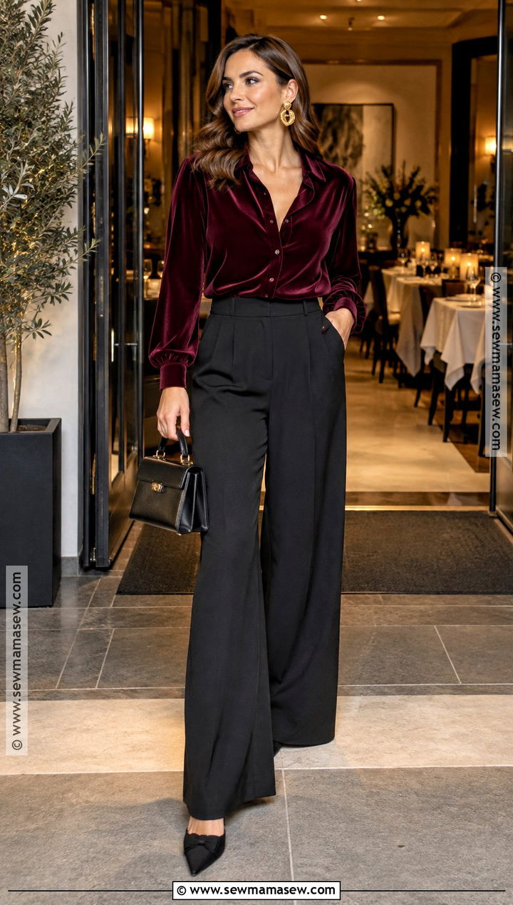 Thanksgiving Velvet Blouse With Wide Leg Trousers - 20 Thanksgiving Looks