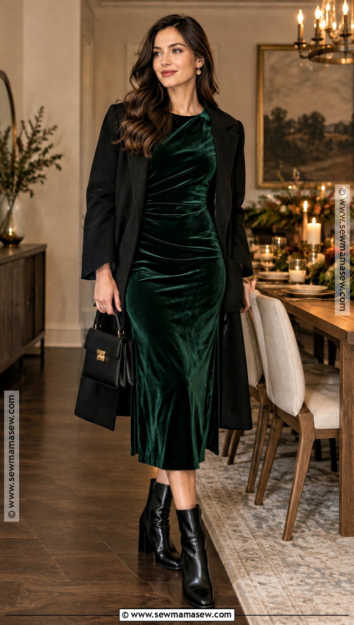 Thanksgiving Velvet Midi Dress With Heeled Boots - 25 thanksgiving outfit dress ideas