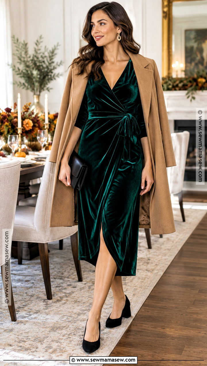 Thanksgiving Velvet Midi Dress With Low Heels - 20 Dress For Thanksgiving Ideas