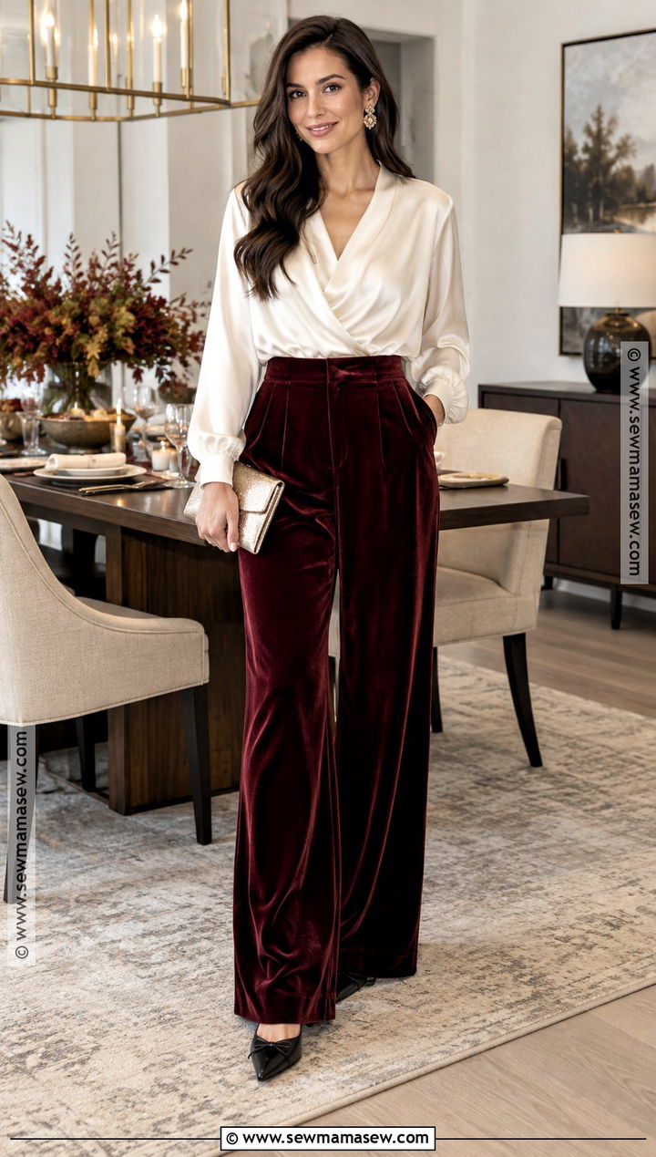 Thanksgiving Velvet Pants With A Soft Blouse - 20 Cute Outfits For Thanksgiving