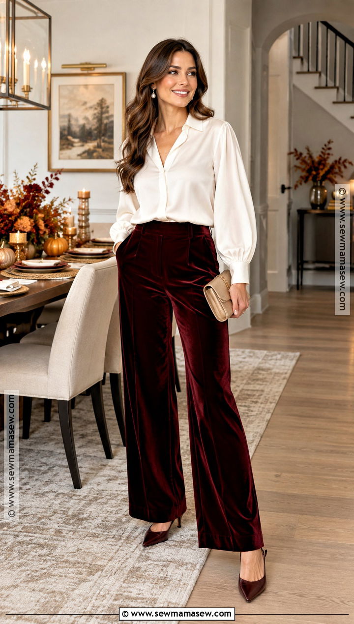 Thanksgiving Velvet Pants and Blouse Outfit - 20 Thanksgiving Looks Outfits