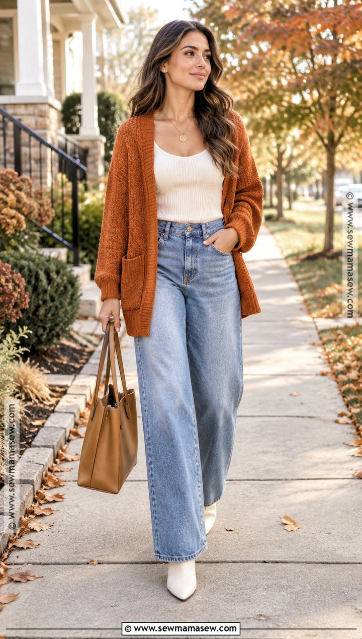 Thanksgiving Wide Leg Jeans With Cardigan And White Boots - 15 thanksgiving outfit with white boots