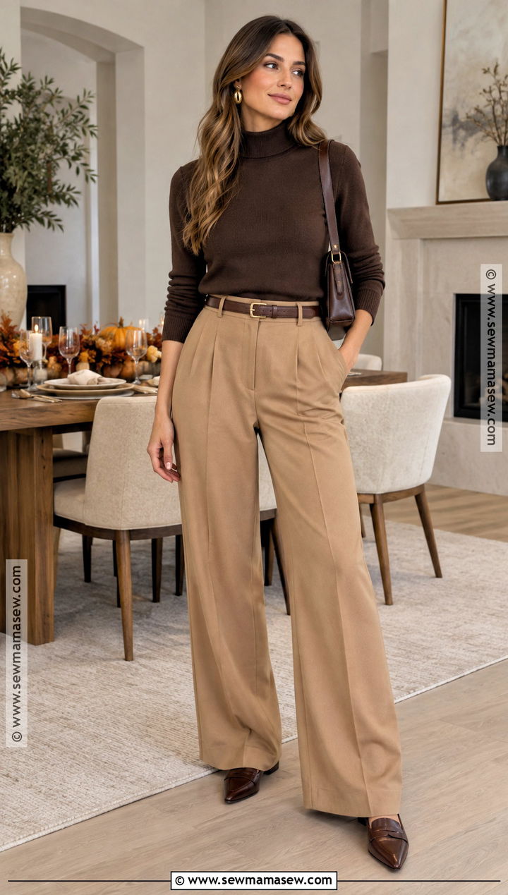 Thanksgiving Wide Leg Pants Outfit With A Knit Top - 15 Outfit Ideas For Thanksgiving Day
