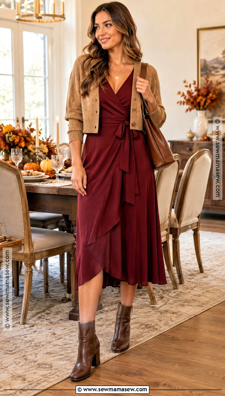 Thanksgiving Wrap Dress And Ankle Boots Outfit - 30 thanksgiving outfit ideas
