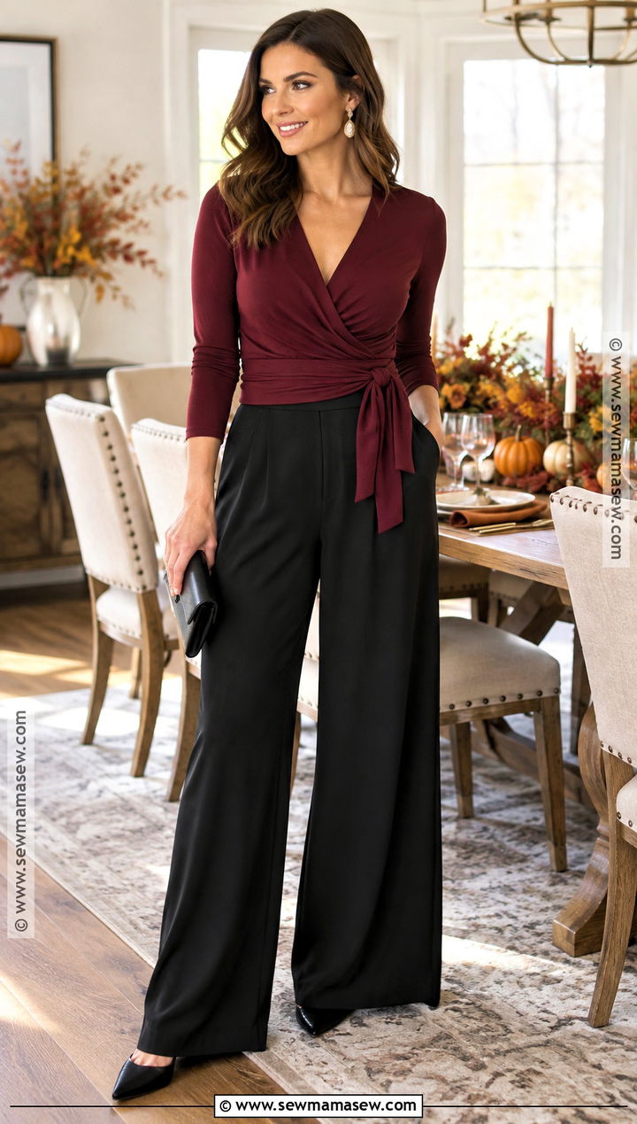 Thanksgiving Wrap Top And Palazzo Pants Outfit - 20 Comfy Thanksgiving Outfits