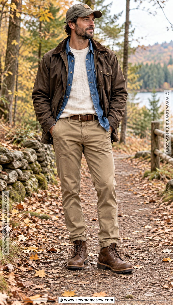 Thermal Shirt Denim Shirt and Waxed Jacket Fall Outfit - 15 fall layering outfits for men