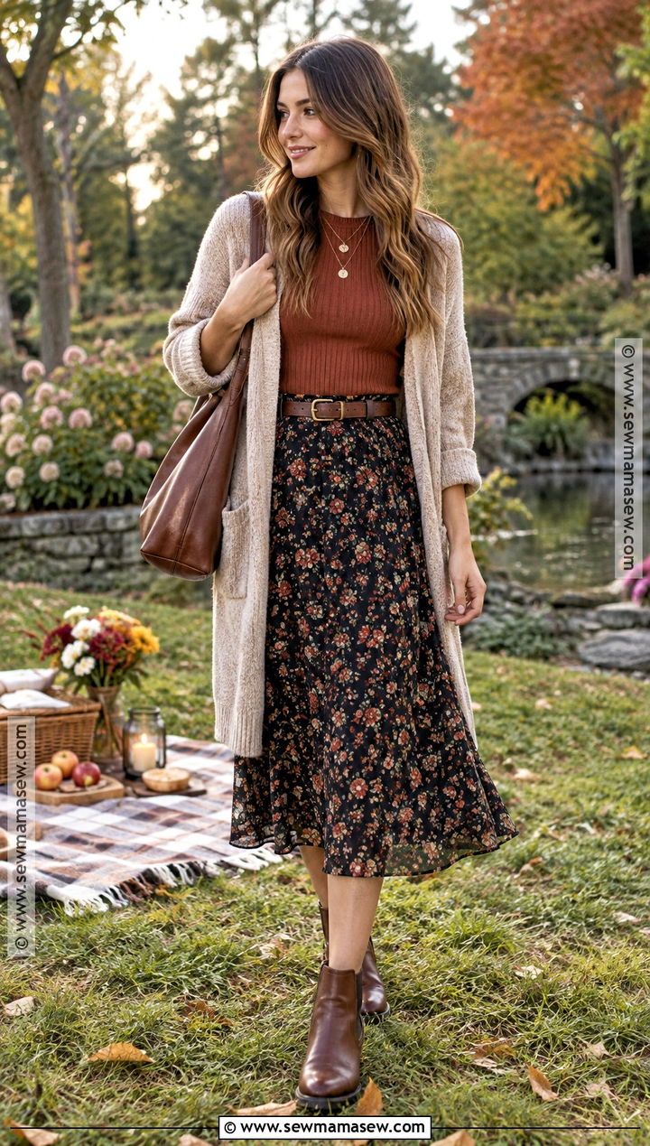 Thermal Top Fall Picnic Outfit With A Midi Skirt And Cardigan - 20 picnic outfit fall ideas