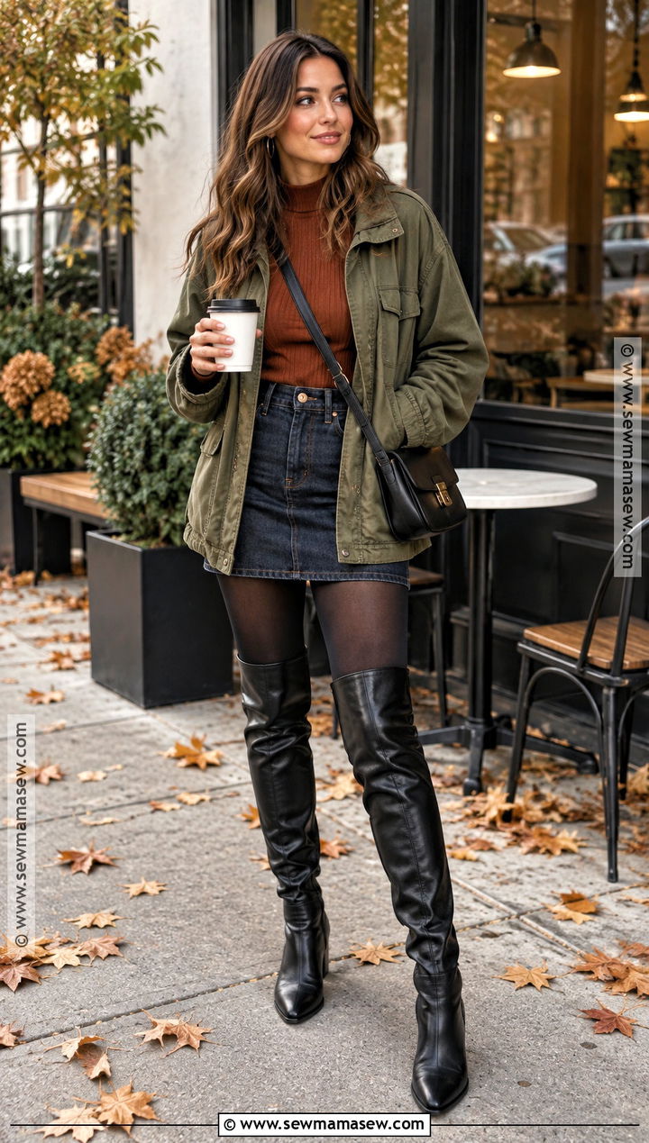 Thigh High Boots With Denim Mini Skirt - 20 Thigh High Boots Outfit Fall