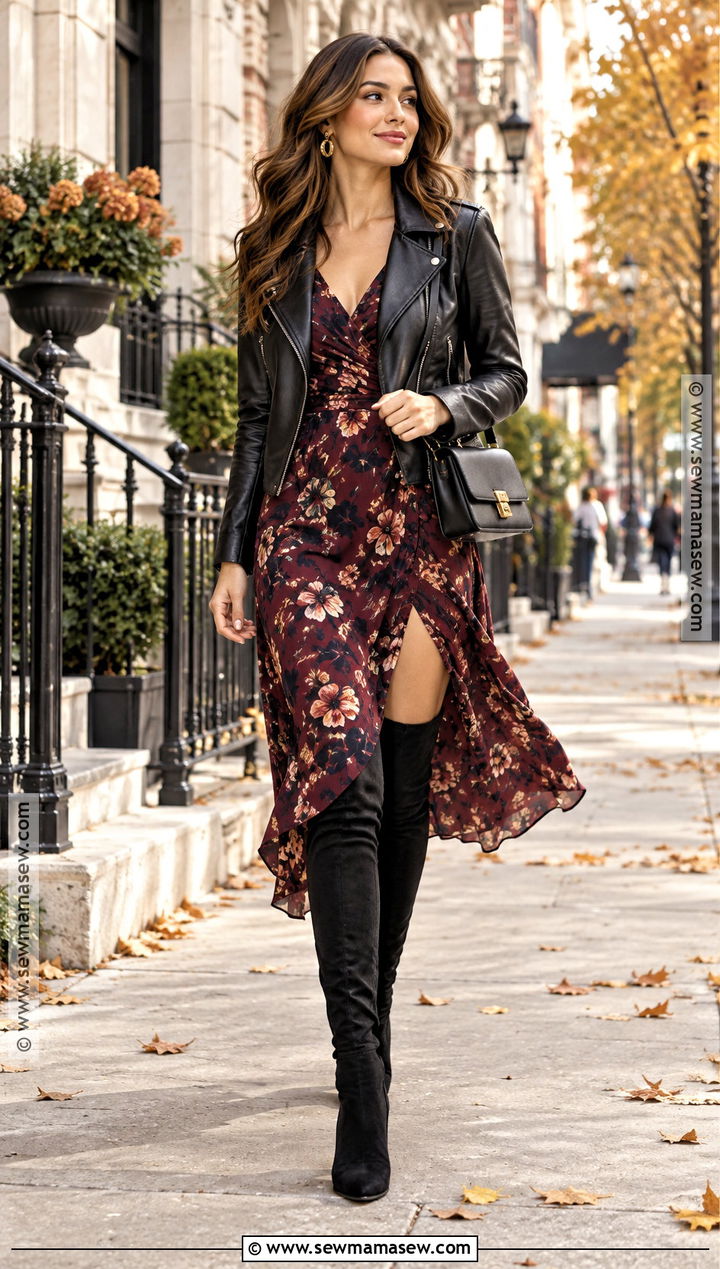 Thigh High Boots With Floral Midi Dress - 20 Thigh High Boots Outfit Fall