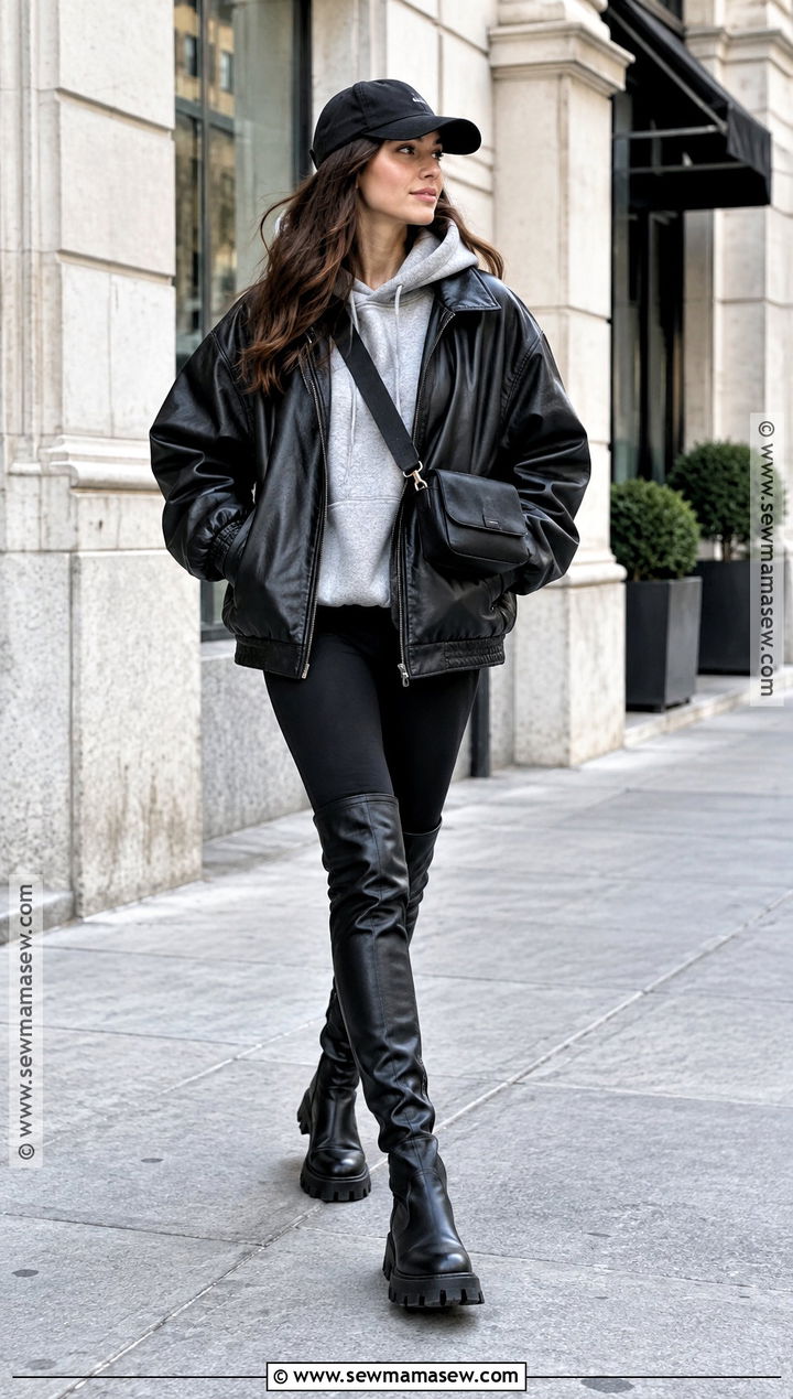 Thigh High Boots With Hoodie And Leather Jacket - 20 Thigh High Boots Outfit Fall