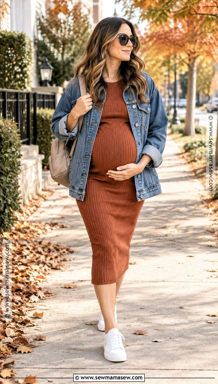 Third Trimester Maternity Midi Dress And Denim Jacket Outfit - 15 fall maternity outfits third trimester